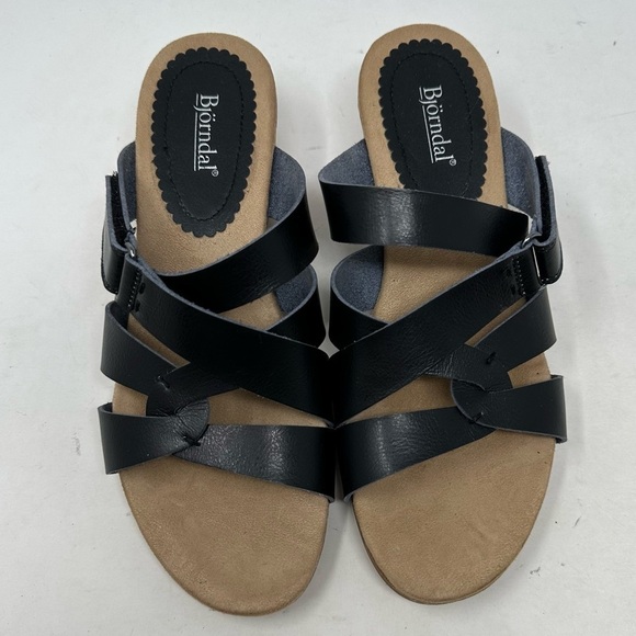Bjorndal Shoes Womens 9.5 Sandals Black Straps Leather Cork Midsoles Wedge Heels - Picture 2 of 12
